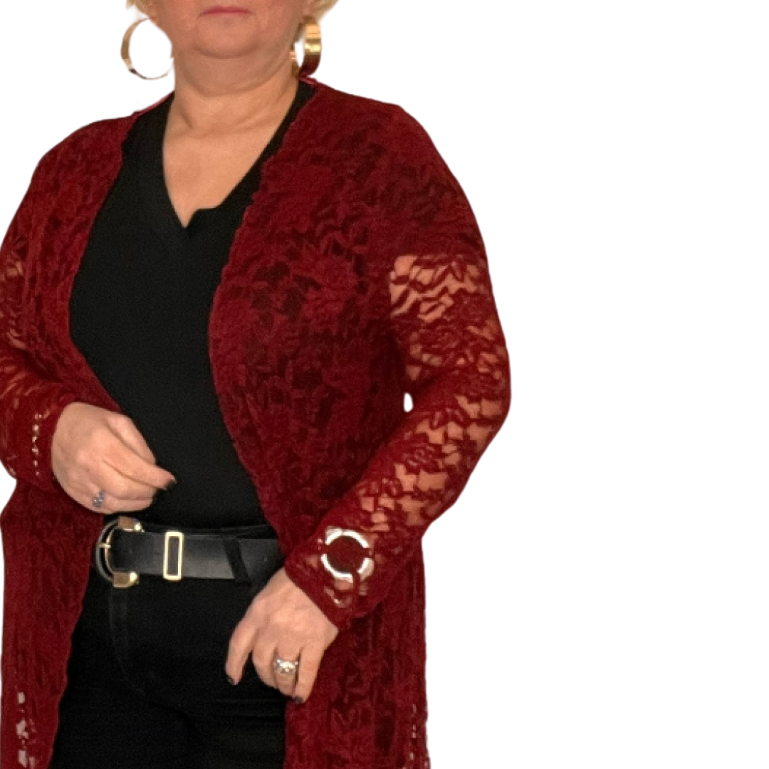 WINE LONG SLEEVE LACE DUSTER JACKET