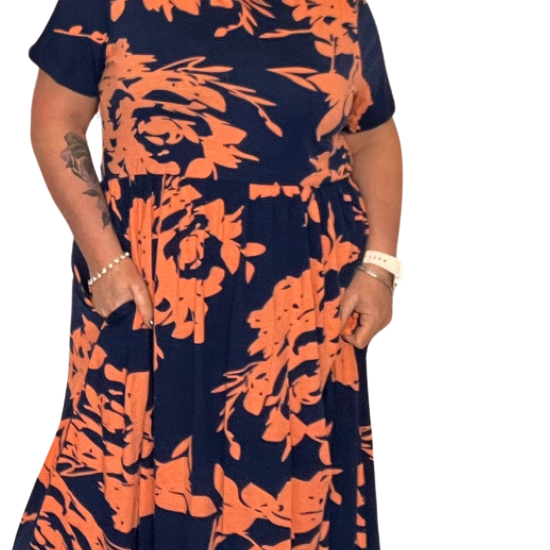 ROCKTHOSECURVES NAVY / ORANGE SHORT SLEEVE MAXI DRESS WITH SIDE POCKETS