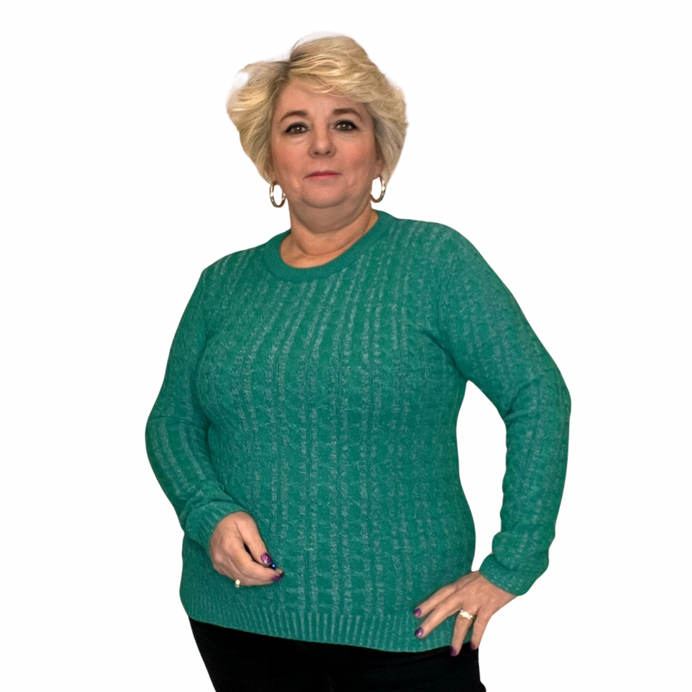 CABLE KNIT LONG SLEEVE ROUND NECK JUMPERTeal / UK 12-14