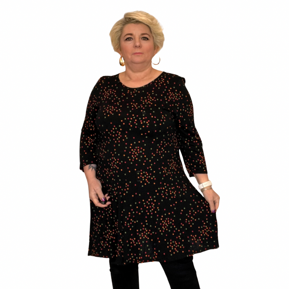 ROCKTHOSECURVES BLACK MULTI SPOTS 3/4 SLEEVE SWING TOP