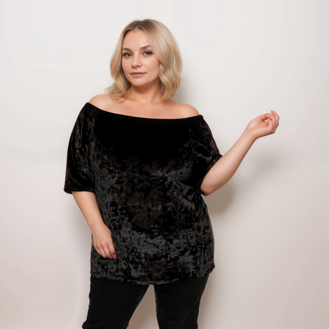 ROCKTHOSECURVES CRUSHED VELVET 1/2 SLEEVE OFF SHOULDER BARDOT TOP