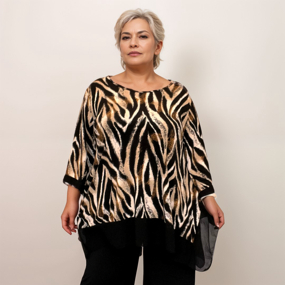 ROCKTHOSECURVES ANIMAL PRINT 3/4 SLEEVE TOP WITH CHIFFON HANKY HEMTIGER / UK 16-18