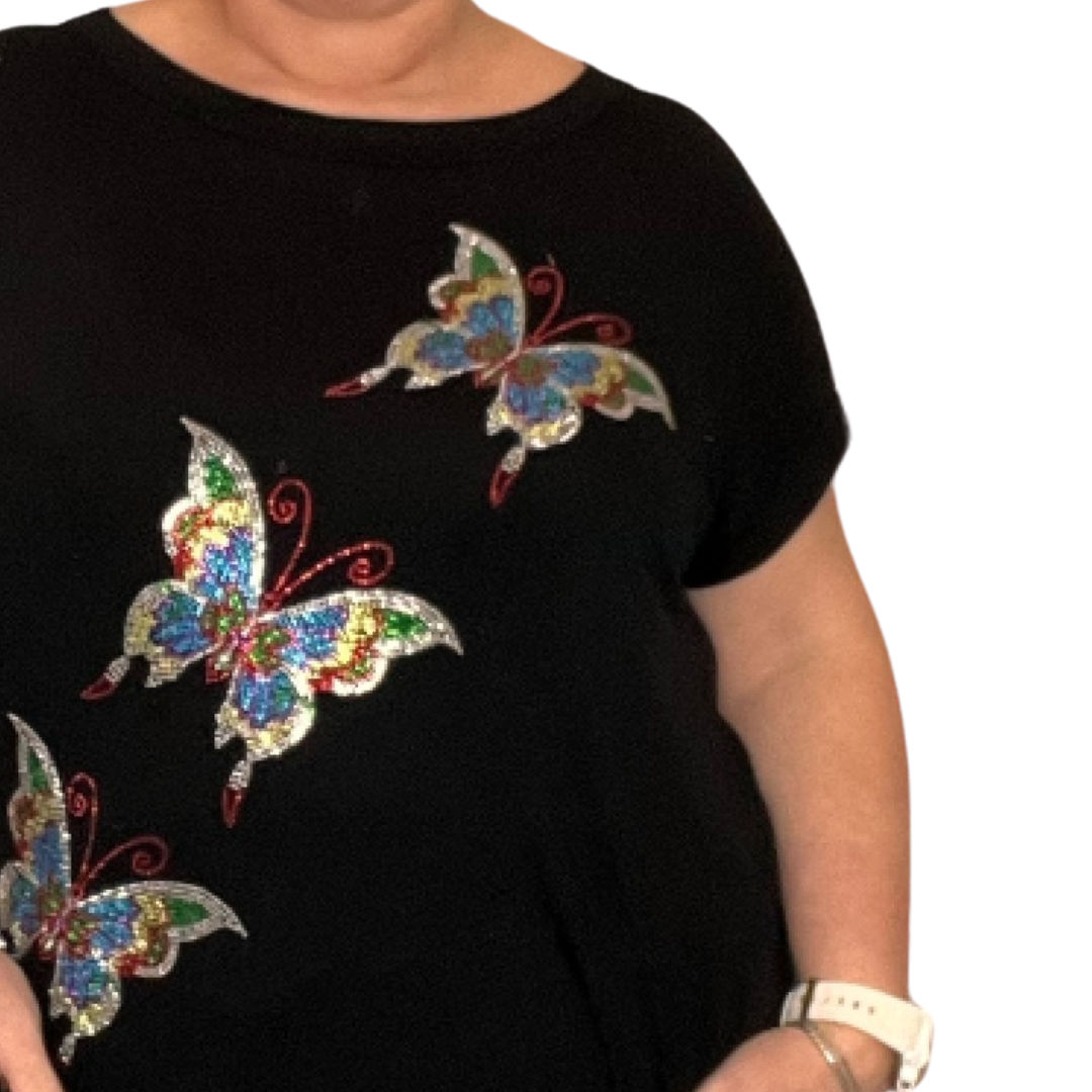 SEQUIN BUTTERFLY DIPPED HEM TOP WITH SIDE POCKETS