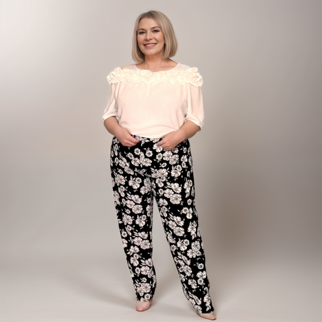 ROCKTHOSECURVES BLACK WHITE BOLD FLORAL ELASTIC WAIST TROUSERS