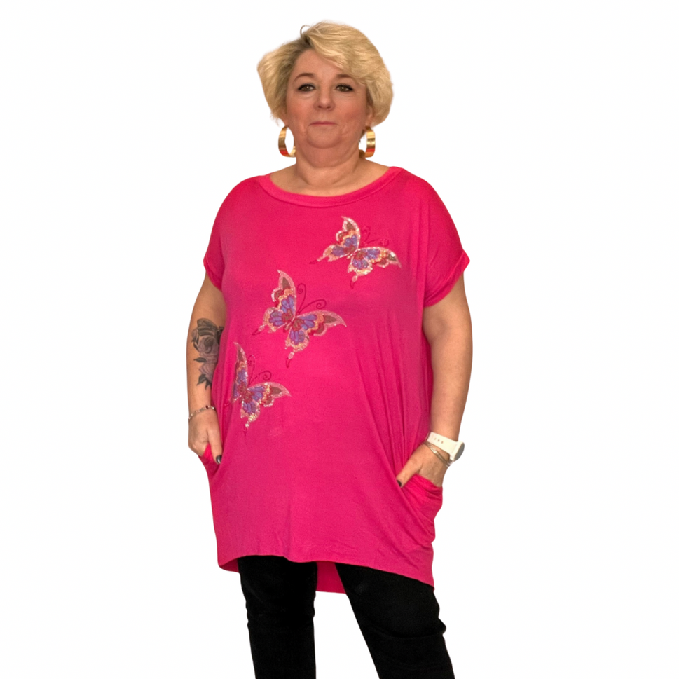 ROCKTHOSECURVES SEQUIN BUTTERFLY DIPPED HEM TOP WITH SIDE POCKETSFUCHSIA / UK 12-14