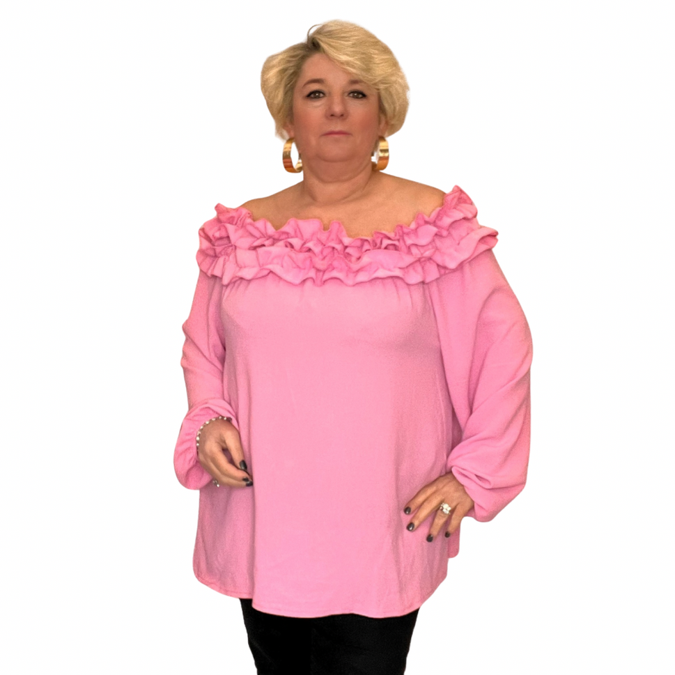 ROCKTHOSECURVES RUFFLED NECK OFF SHOULDER LONG SLEEVE TOP BLOUSEPINK / UK 12-14