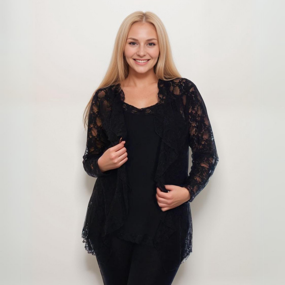 LACE LONG SLEEVE WATERFALL CARDIGAN / JACKETBlack / UK 14