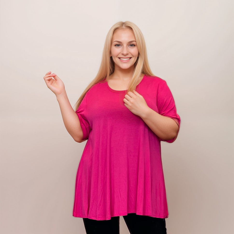 LOOSE FITTING A-LINE SWING TOP WITH BUTTON SLEEVESFUCHSIA / UK 14