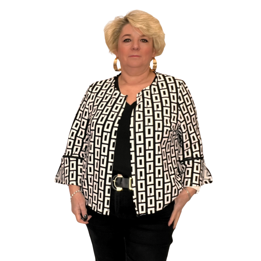 ROCKTHOSECURVES BLACK / WHITE SQUARE BELL SLEEVE OPEN FRONT JACKET BLAZER