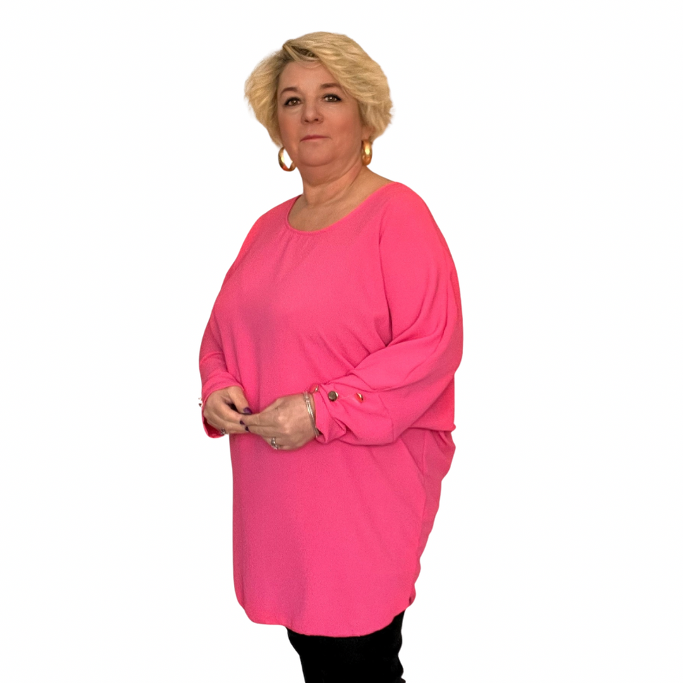 ROCKTHOSECURVES BATWING BUTTON CUFF LONG LENGTH BLOUSE WITH CUT OUT BACKFuchsia / UK 16-18