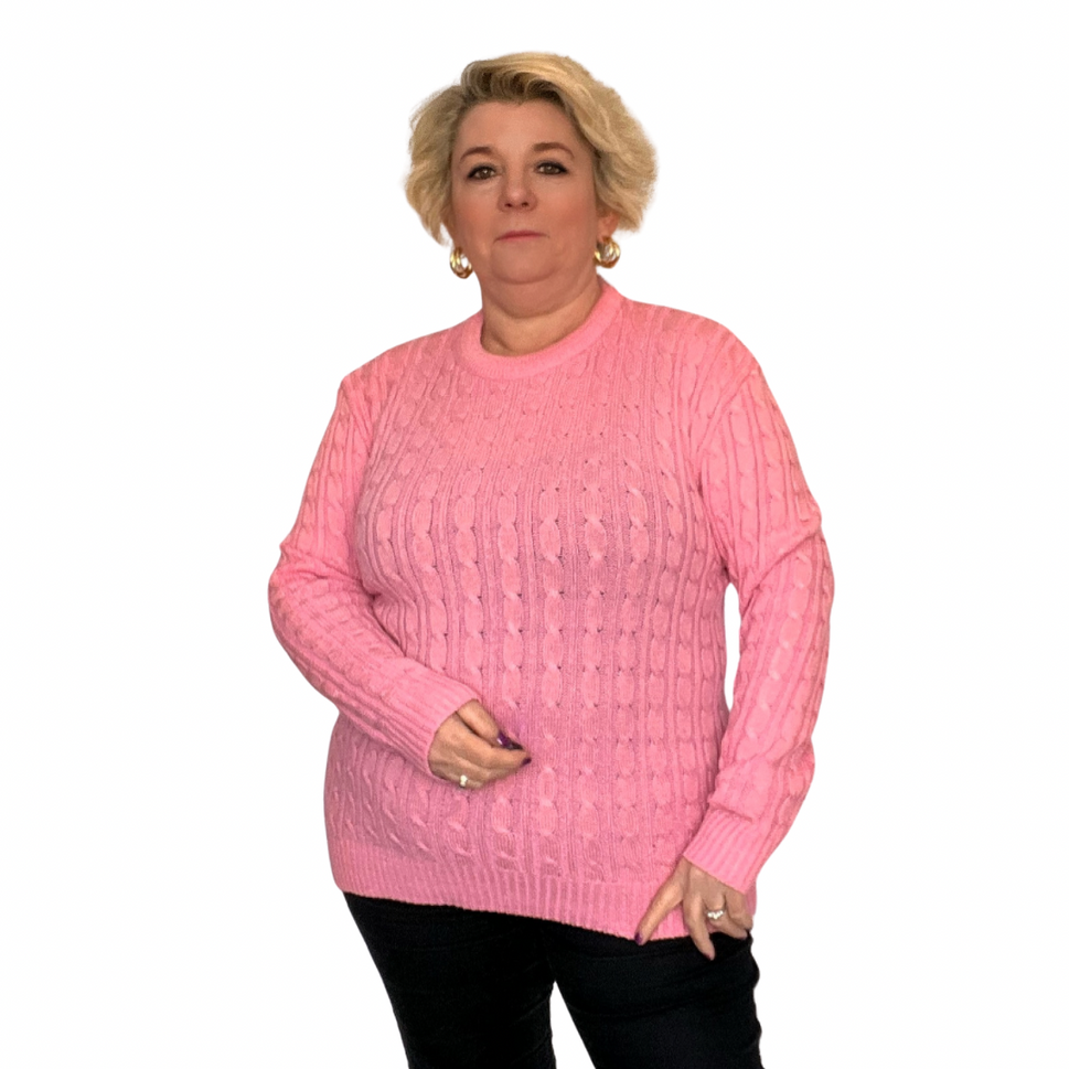 CABLE KNIT LONG SLEEVE ROUND NECK JUMPERPink / UK 12-14