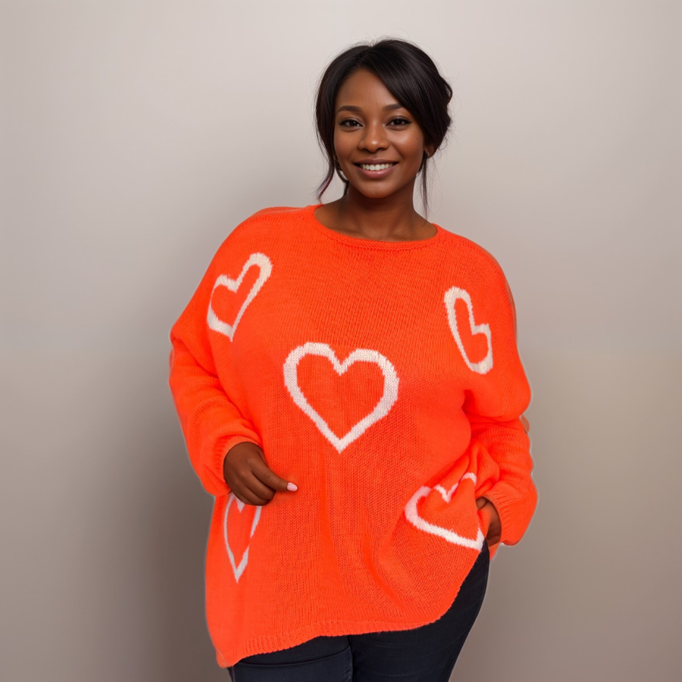 SCOOP HEM OVERSIZED KNITTED JUMPER WITH HEARTSOrange / UK 16-18