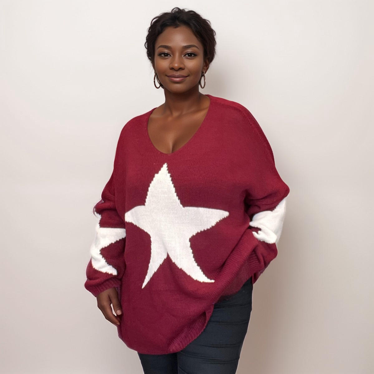 OVERSIZED V NECK KNITTED JUMPER WITH STARS