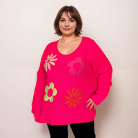 ROCKTHOSECURVES V NECK JUMPER WITH APPLIQUE HIPPY STYLE FLOWERS