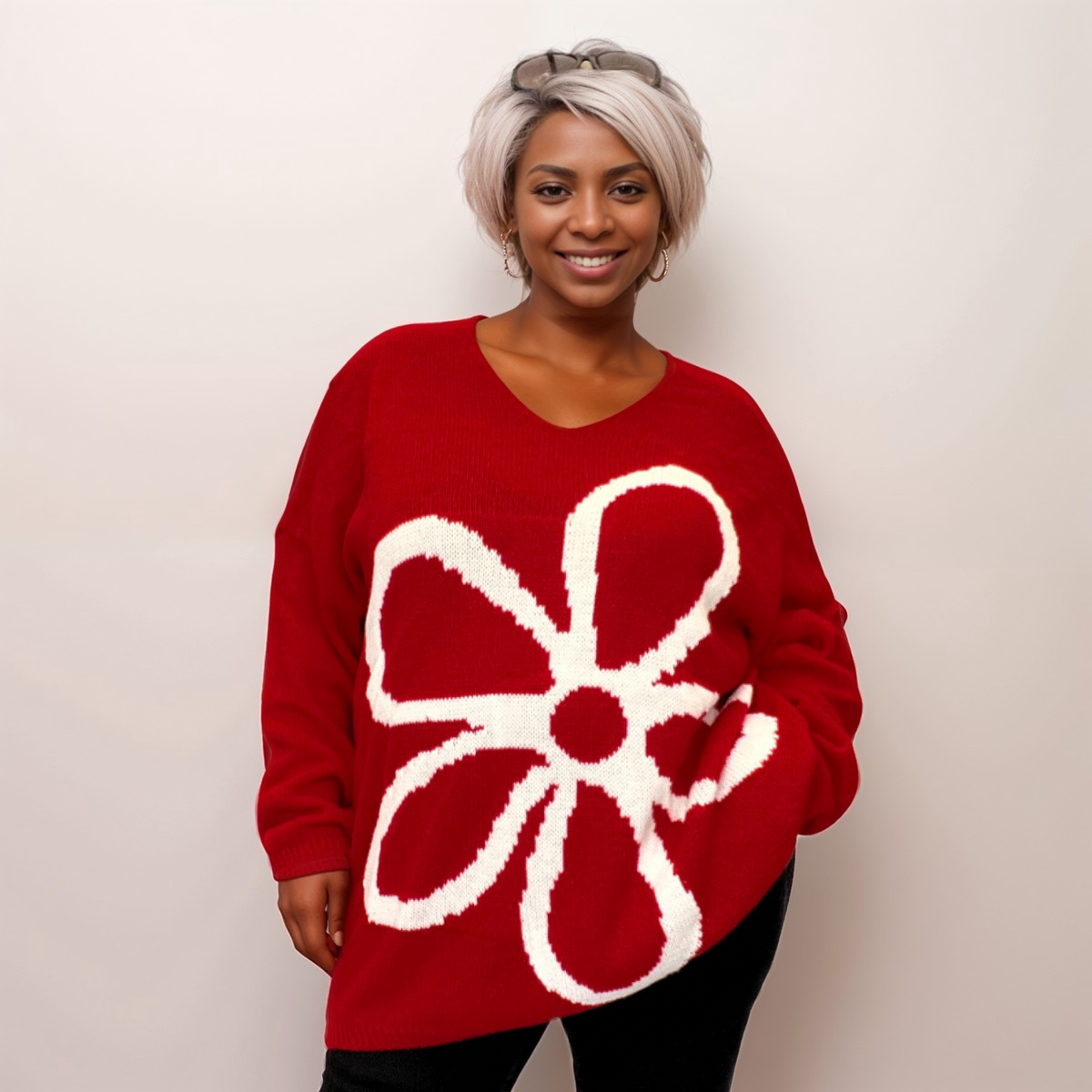 ROCKTHOSECURVES OVERSIZED V-NECK KNITTED JUMPER WITH LARGE FLOWER