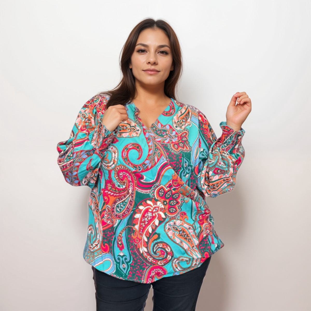 ROCKTHOSECURVES TEAL PAISLEY CROSS-OVER LONG SLEEVE BLOUSE / TOP