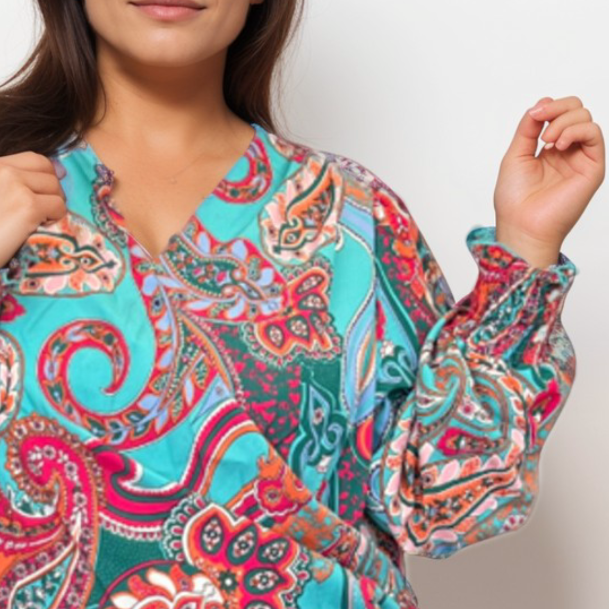 ROCKTHOSECURVES TEAL PAISLEY CROSS-OVER LONG SLEEVE BLOUSE / TOP