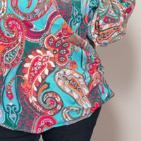 ROCKTHOSECURVES TEAL PAISLEY CROSS-OVER LONG SLEEVE BLOUSE / TOP