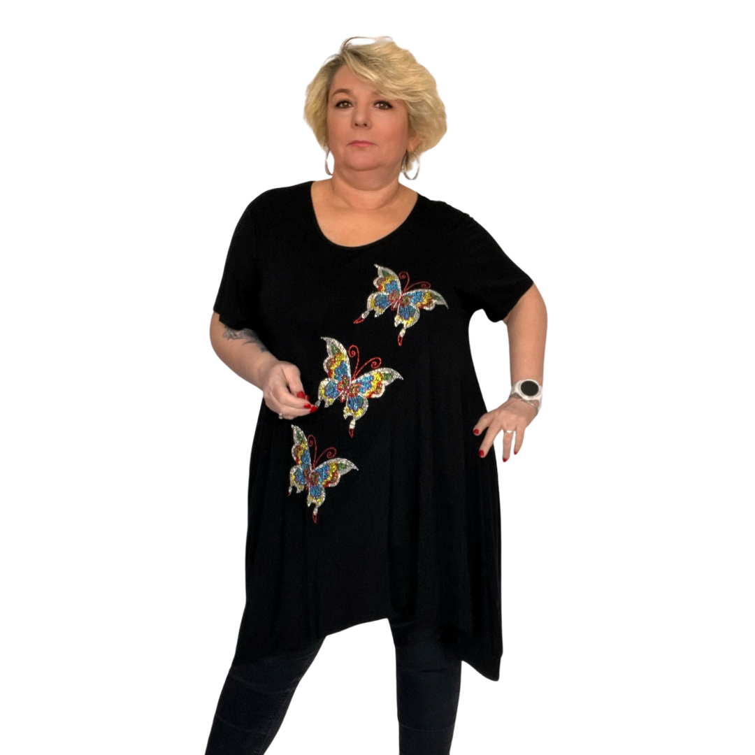 ROCKTHOSECURVES SHORT SLEEVE HANKY HEM STUDDED BUTTERFLIES LONG LENGTH TOP