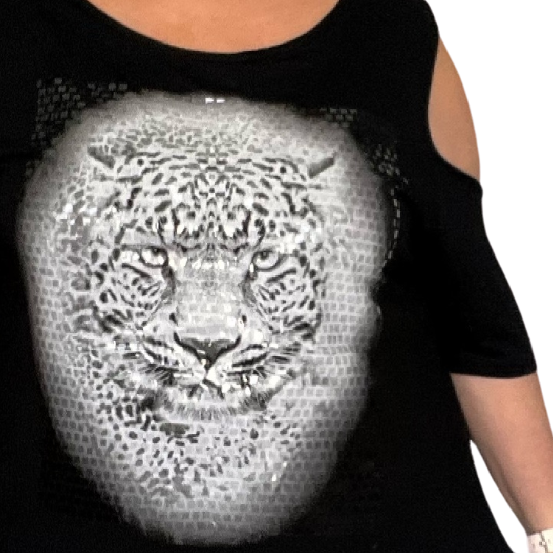 COLD SHOULDER A-LINE SEQUIN LEOPARD TOP