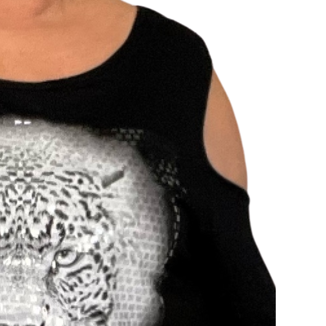 COLD SHOULDER A-LINE SEQUIN LEOPARD TOP