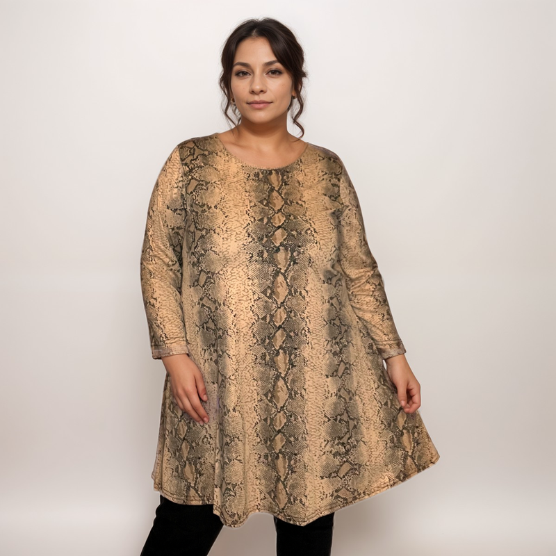 ROCKTHOSECURVES BEIGE BROWN SNAKE PRINT 3/4 SLEEVE SWING TOP