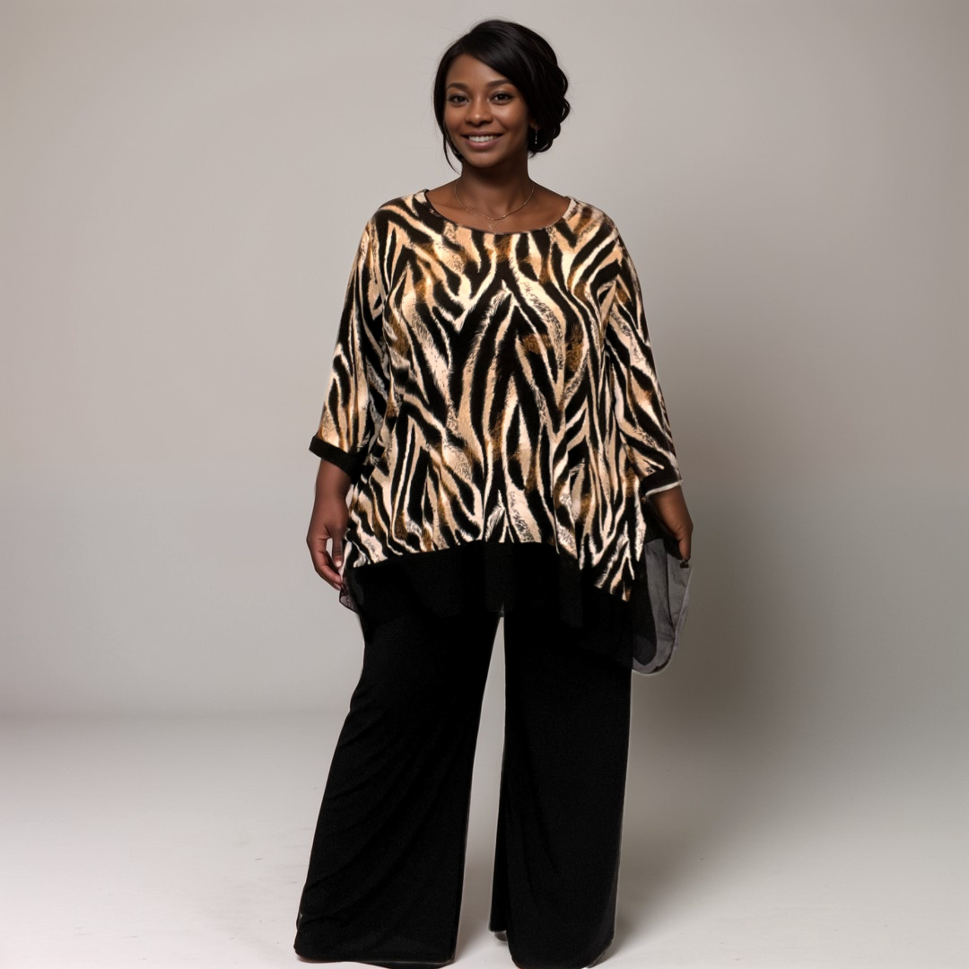 ROCKTHOSECURVES TIGER PRINT TWO PIECE OUTFIT SET BLACK PALAZZO TROUSERS