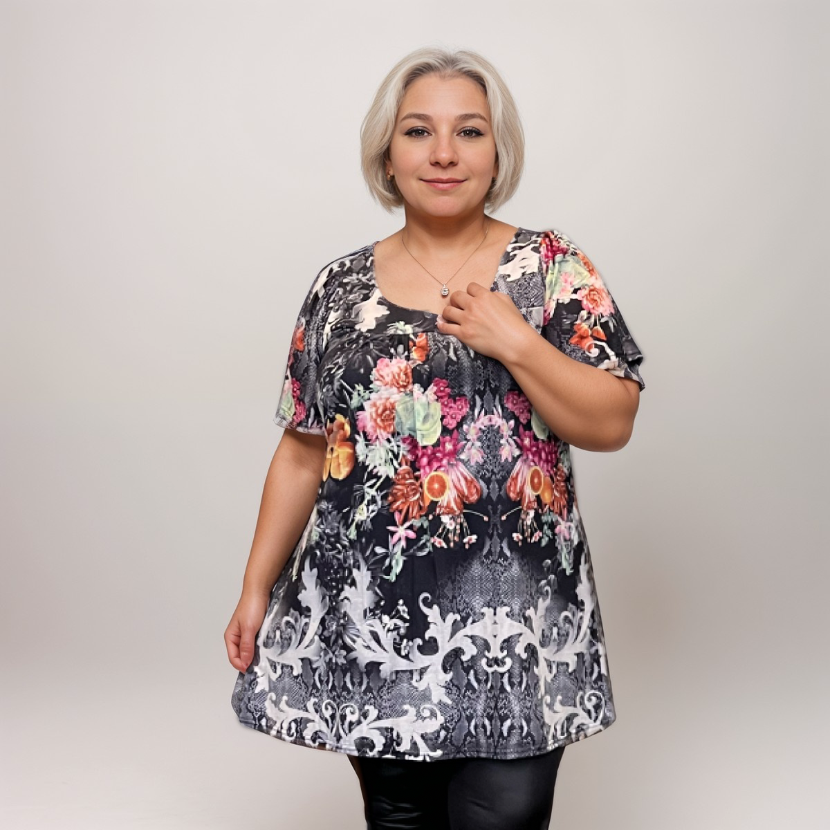 ROCKTHOSECURVES GREY WHITE SHORT SLEEVE SMOCK TOP WITH FRUIT PATTERN