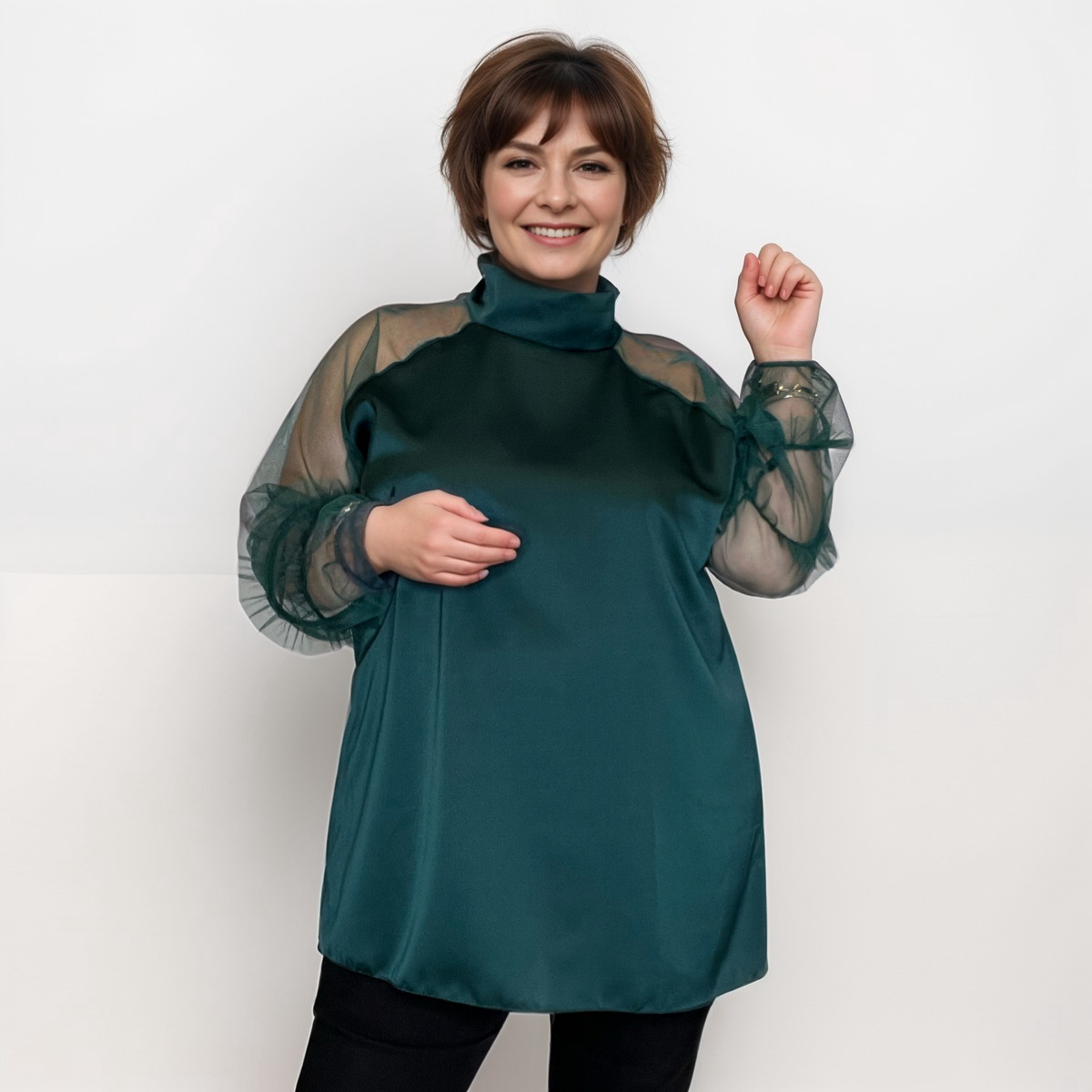 ROCKTHOSECURVES SATIN BLOUSE TURTLE NECK + CHIFFON FRILLED SLEEVES