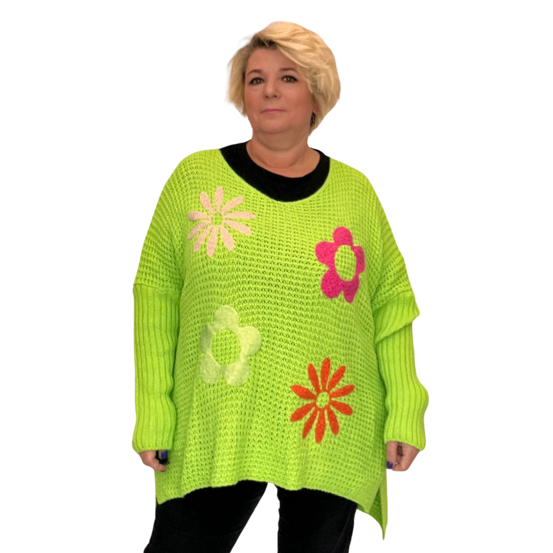 ROCKTHOSECURVES V NECK JUMPER WITH APPLIQUE HIPPY STYLE FLOWERS