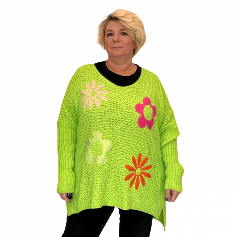 V NECK JUMPER WITH APPLIQUE HIPPY STYLE FLOWERS