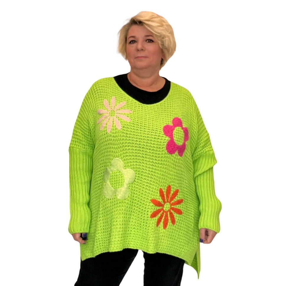 ROCKTHOSECURVES V NECK JUMPER WITH APPLIQUE HIPPY STYLE FLOWERSGREEN / UK 16-18