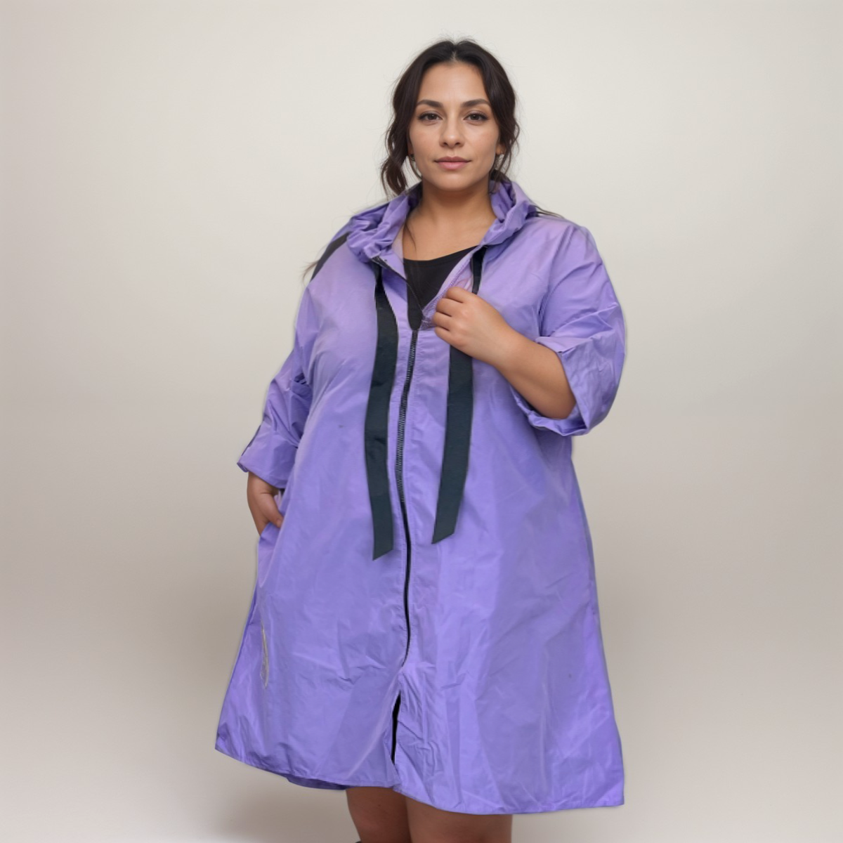 A LINE DIPPED HEM JACKET RAIN MAC COAT WITH HOOD rockthosecurves