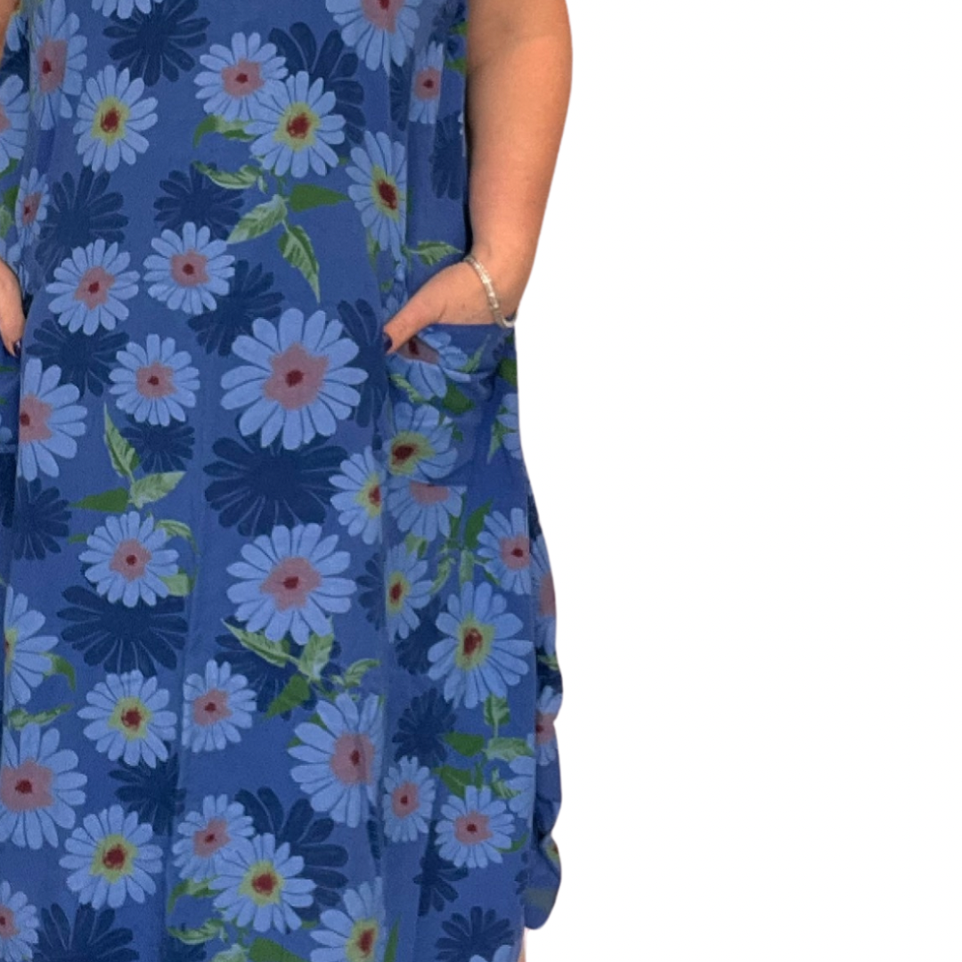 ROCKTHOSECURVES SLEEVELESS LOOSE FITTING DAISY PRINT DRESS WITH POCKETS