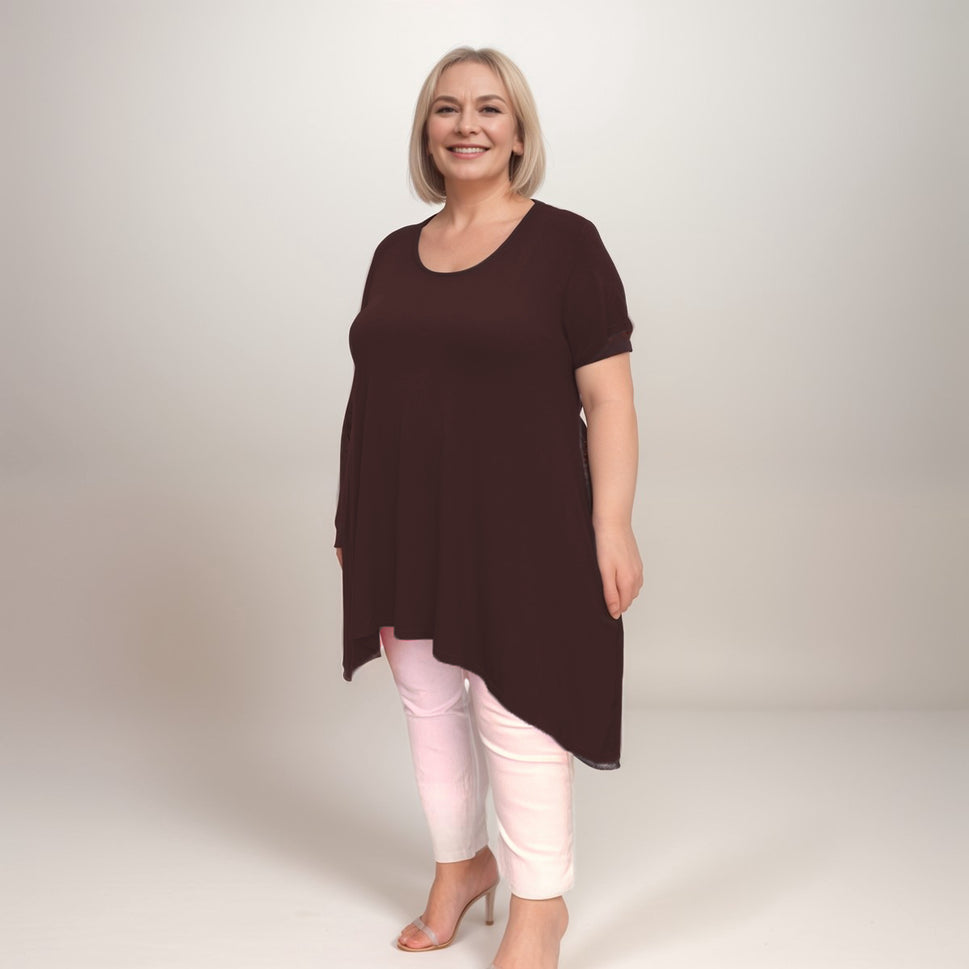 Long Plain Short Sleeve Swing Top with Hanky HemBLACK / UK 14
