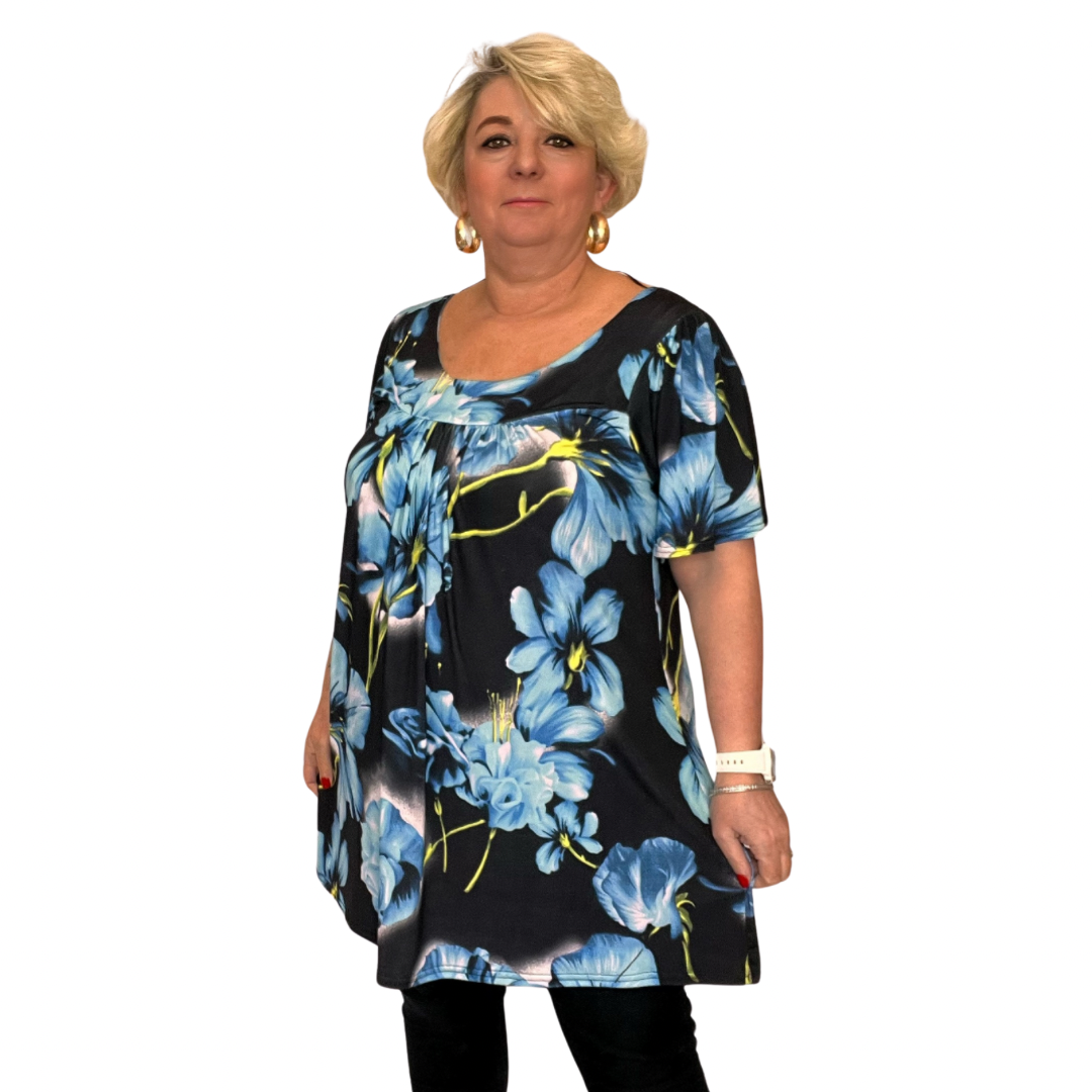 BRIGHT BOLD FLORAL SHORT SLEEVE A-LINE SMOCK TOP