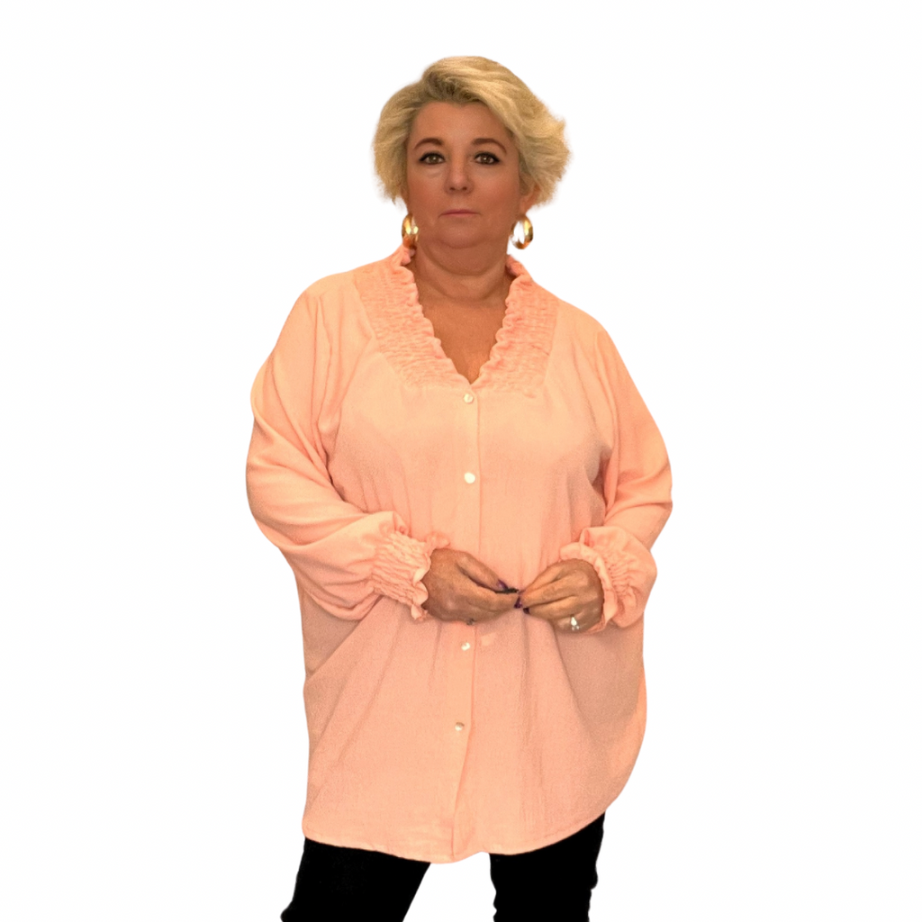 Plus‑Size Smocked V‑Neck Long Sleeve Blouse