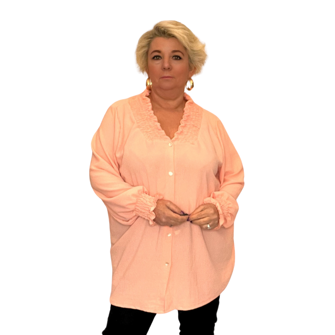 Plus‑Size Smocked V‑Neck Long Sleeve Blouse