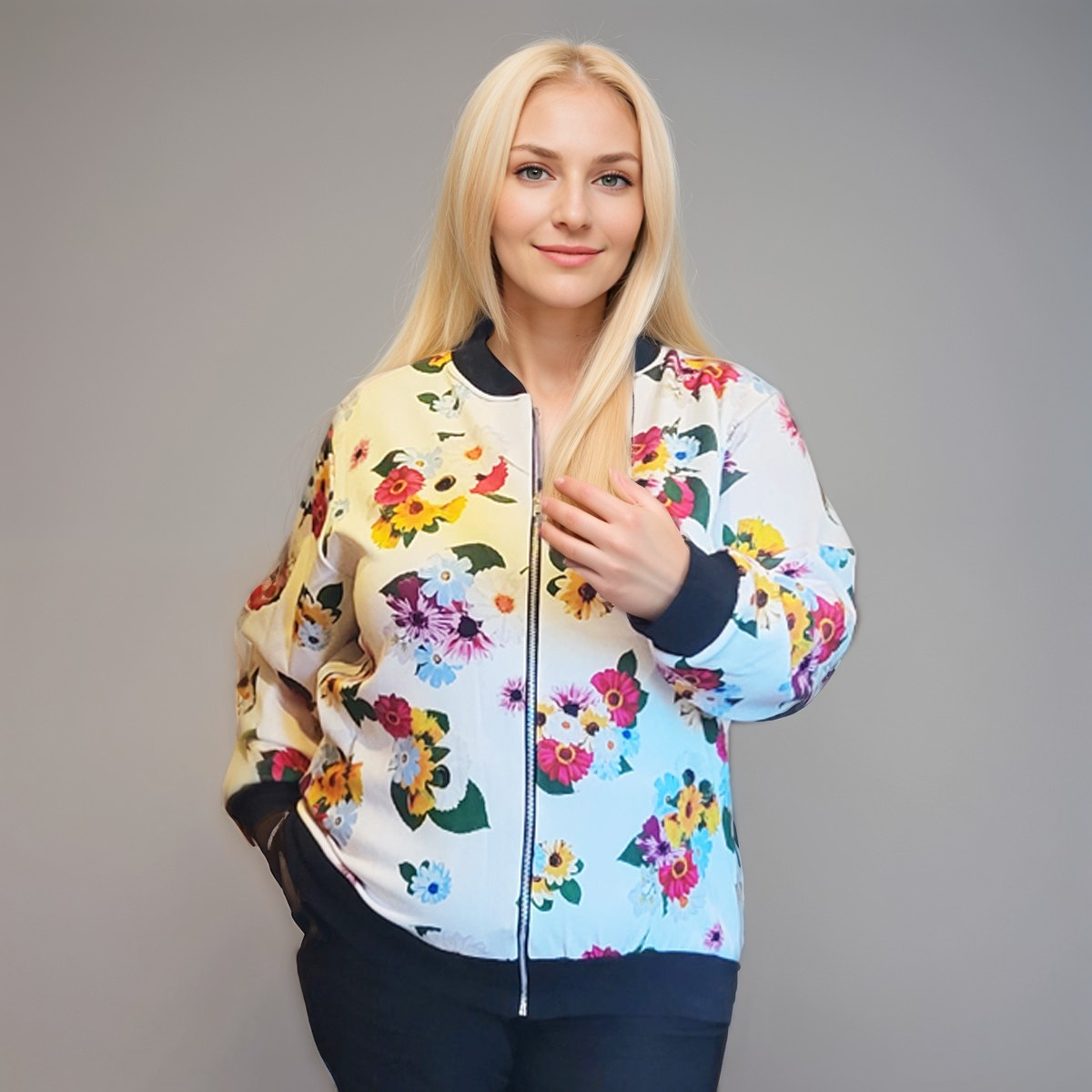Plus‑Size White Floral Bomber Jacket