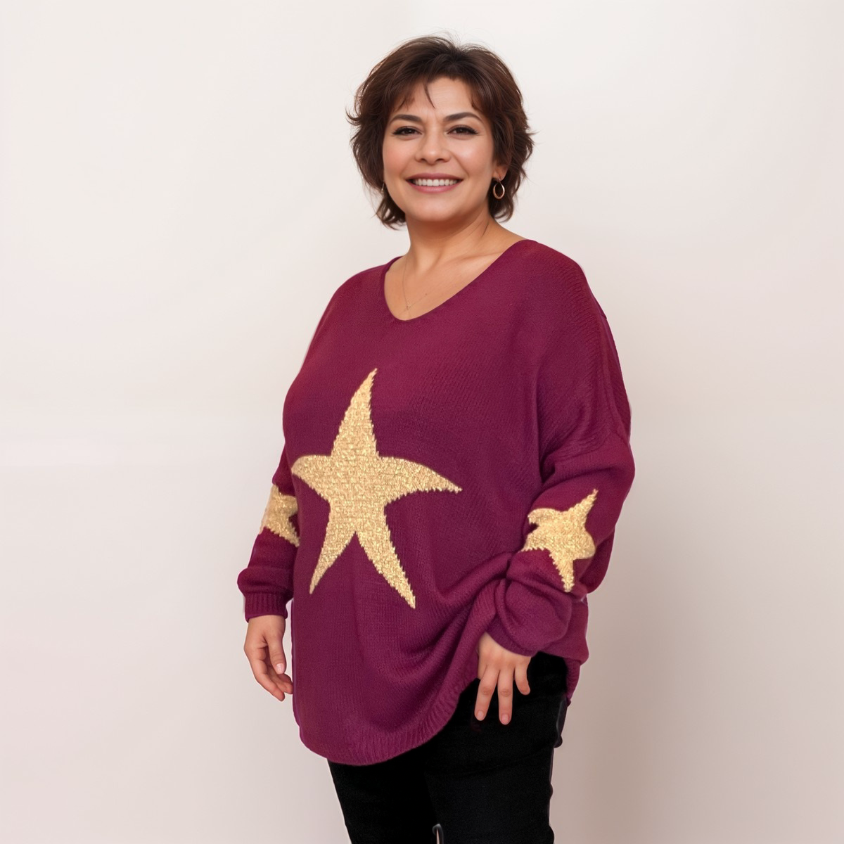 OVERSIZED V NECK KNITTED JUMPER WITH GOLD STARS