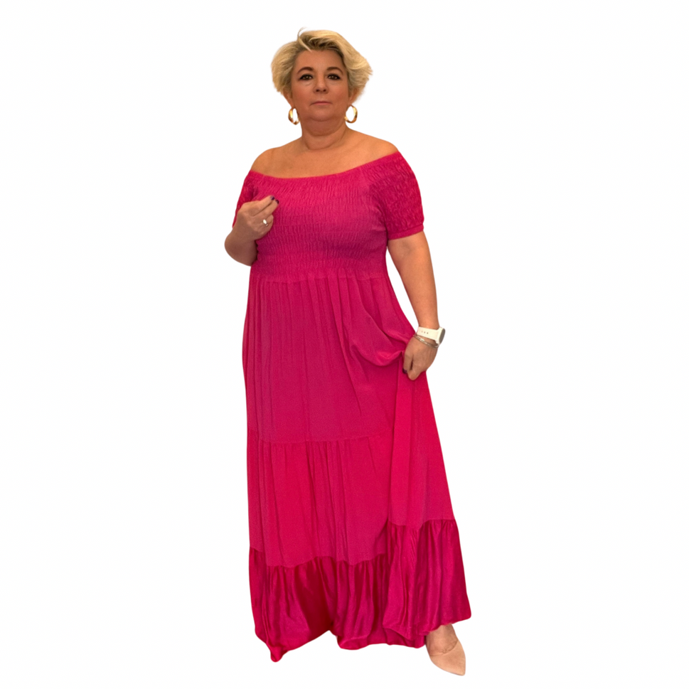 ELASTICATED TOP LAYERED SHORT SLEEVE MAXI DRESS WITH SATIN HEM