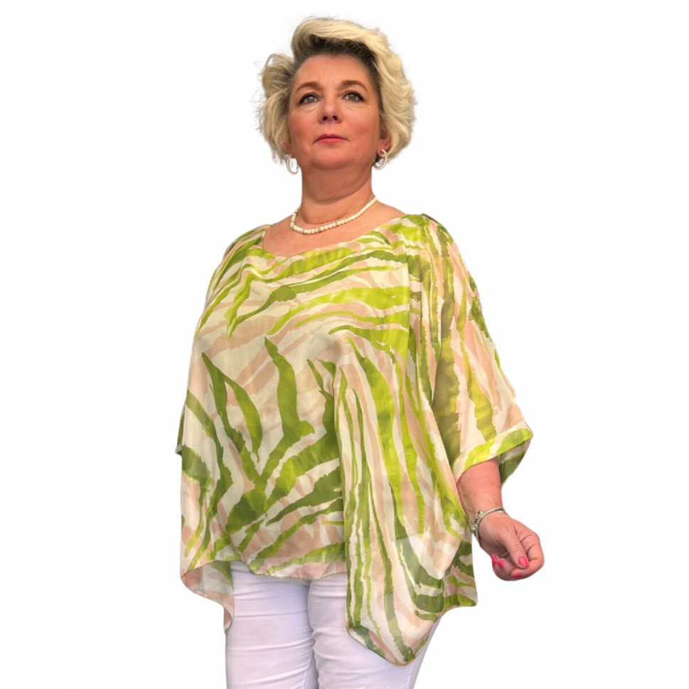 SILKY FEEL BATWING LEAF PRINT LOOSE FITTING BLOUSEGreen / UK 12-14