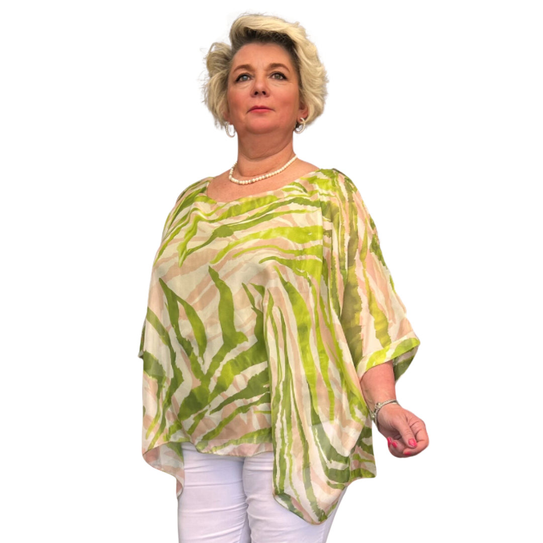 SILKY FEEL BATWING LEAF PRINT LOOSE FITTING BLOUSE