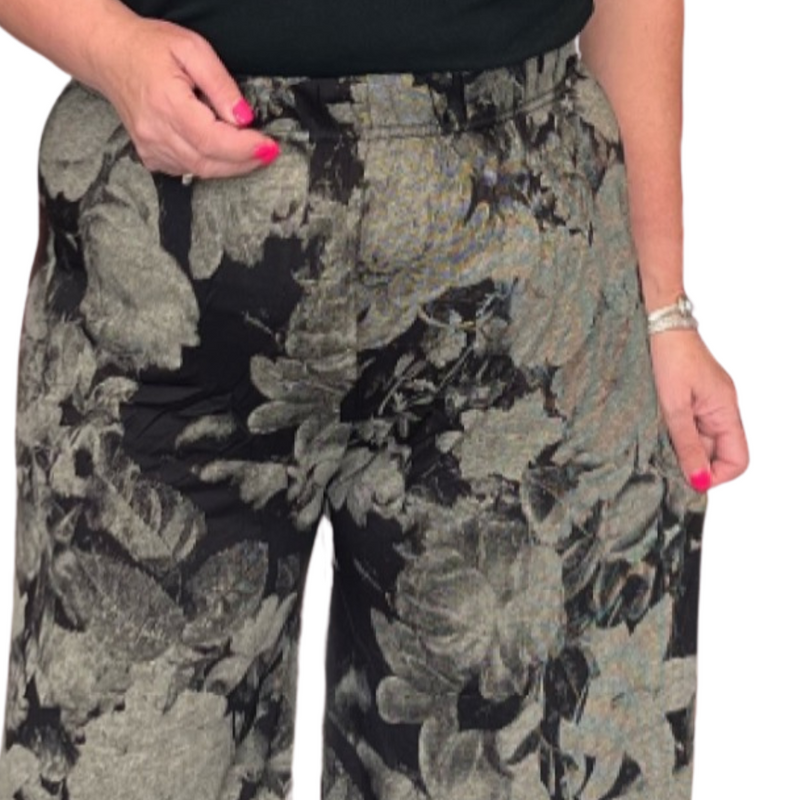 BLACK GREY FLORAL SOFT STRETCHY WIDE LEG PALAZZO TROUSERS