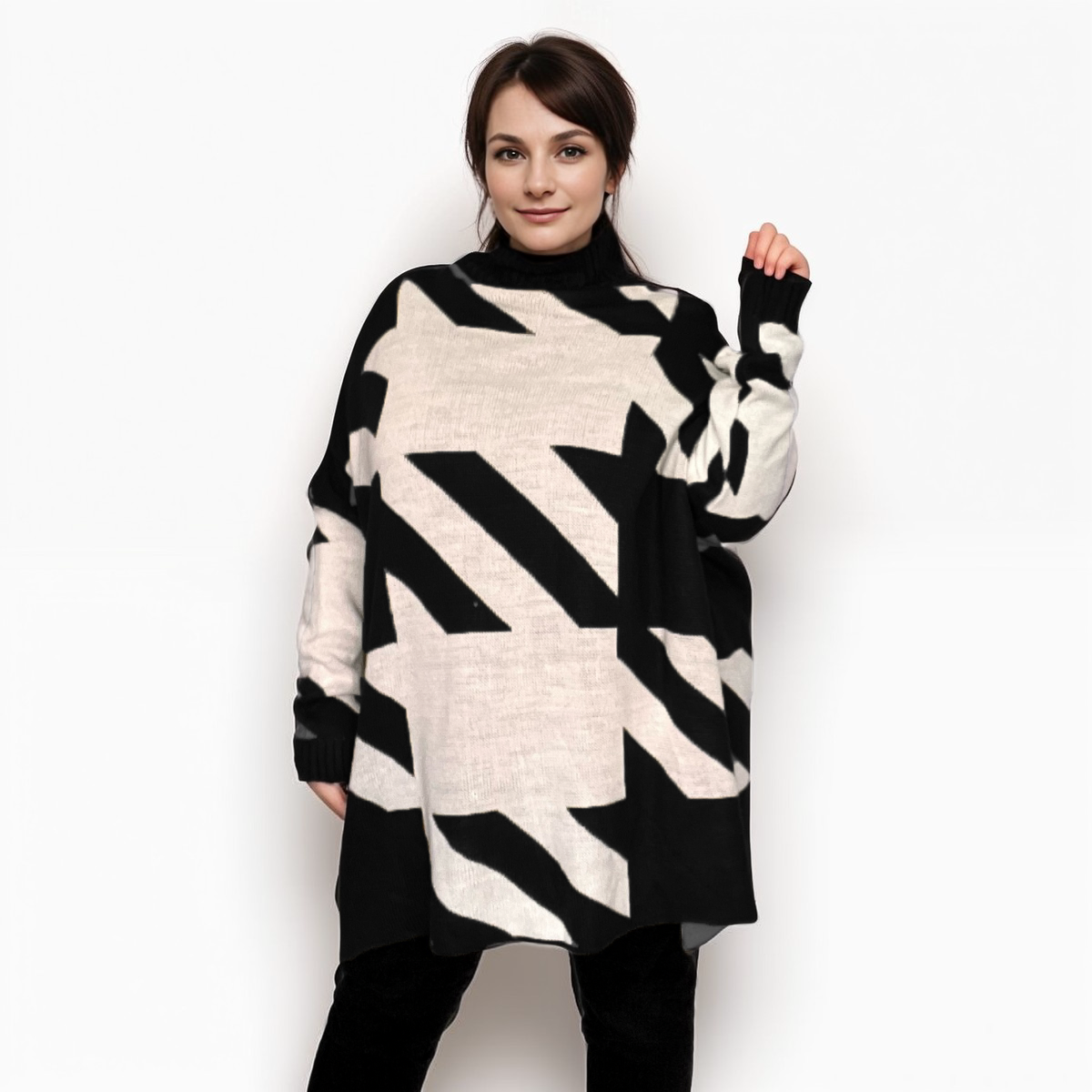 ROCKTHOSECURVES BOLD GEOMETRIC SQUARES LONG LENGTH POLO NECK JUMPER