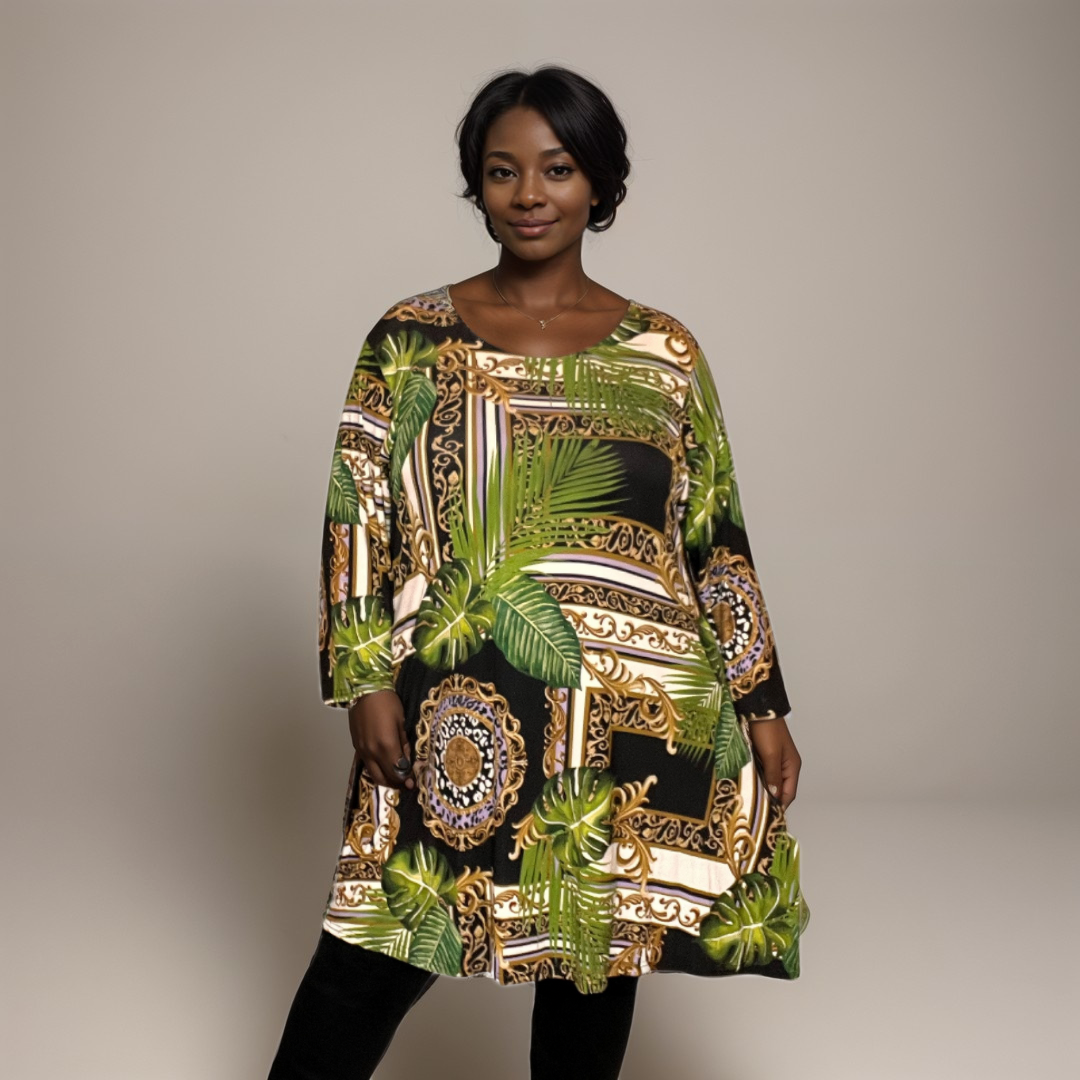 ROCKTHOSECURVES GREEN LEAVES 3/4 SLEEVE SWING TOP