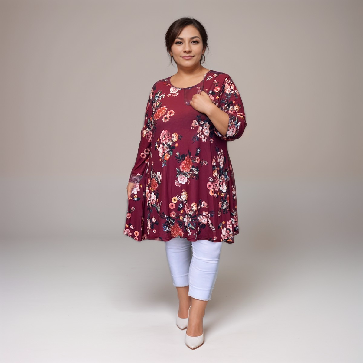 ROCKTHOSECURVES WINE FLORAL 3/4 SLEEVE SWING TOP