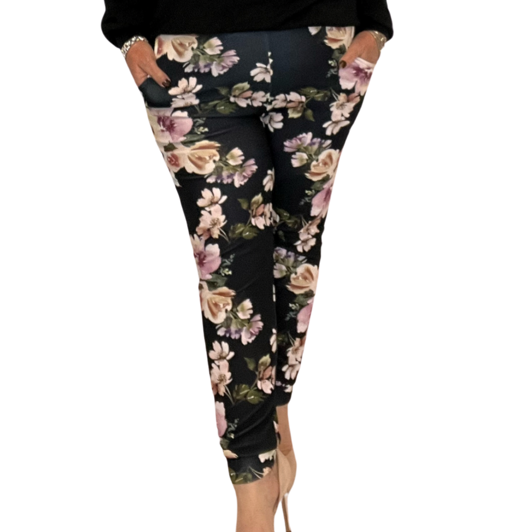 ROCKTHOSECURVES BLACK PINK FLORAL STRETCH CREPE TROUSERS WITH SIDE POCKETS
