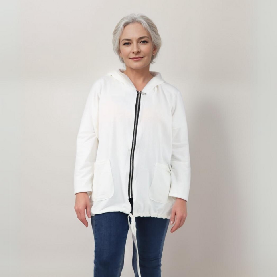 PLAIN LONG LENGTH ZIP UP HOODIE JACKETWHITE / UK 16-18