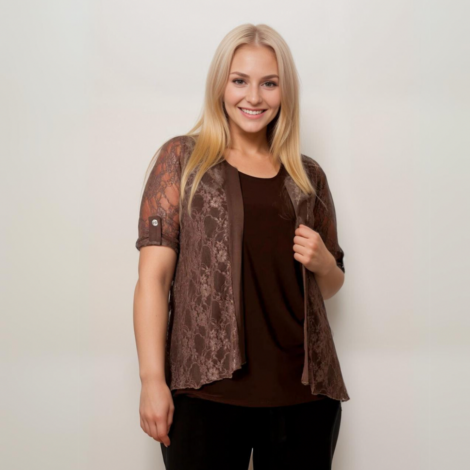 ROCKTHOSECURVES LACE JACKET WITH SATIN PANELS AND BUTTON 1/2 SLEEVESBrown / UK 14